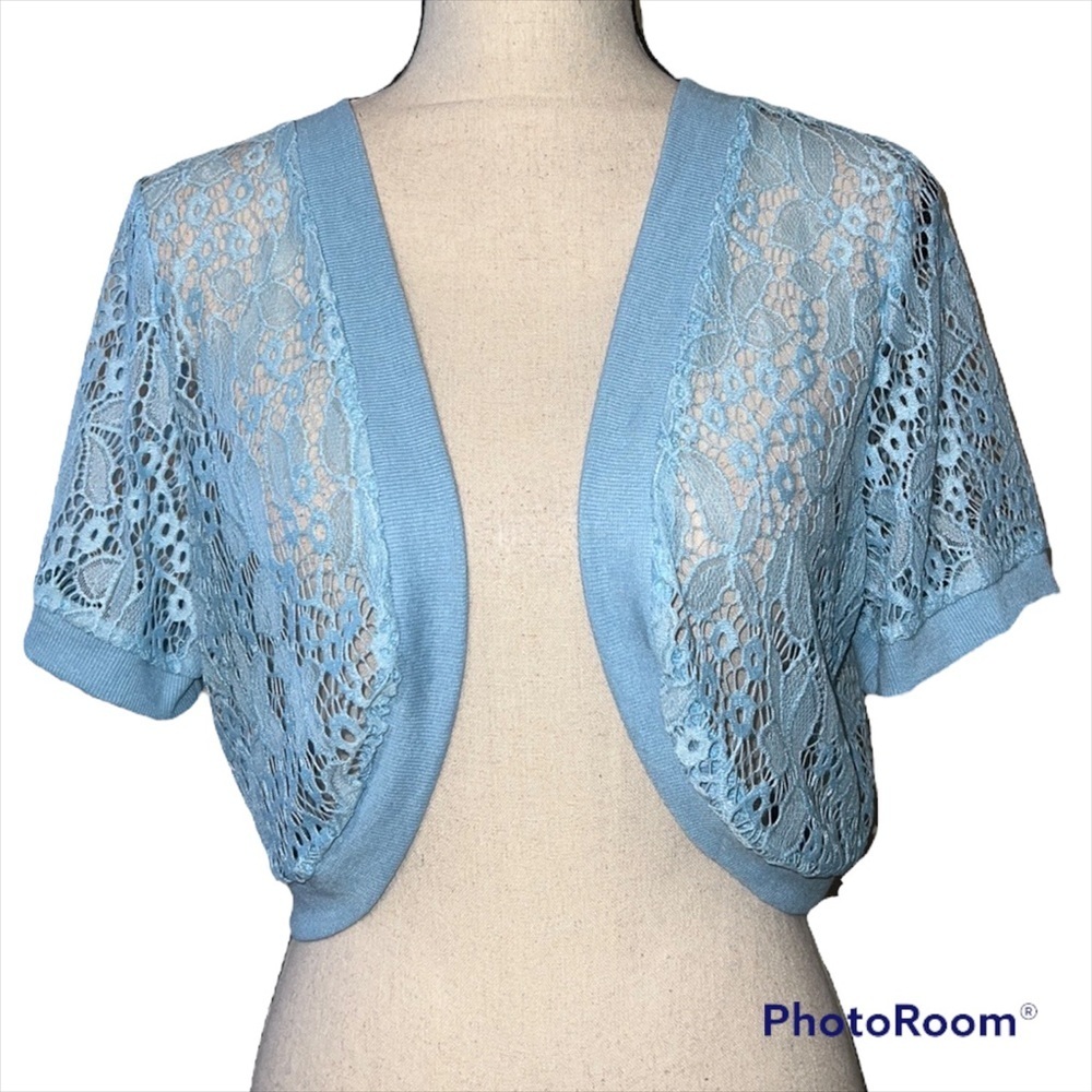 Abollria large blue women’s cover up crochet knit short sleeve NWT